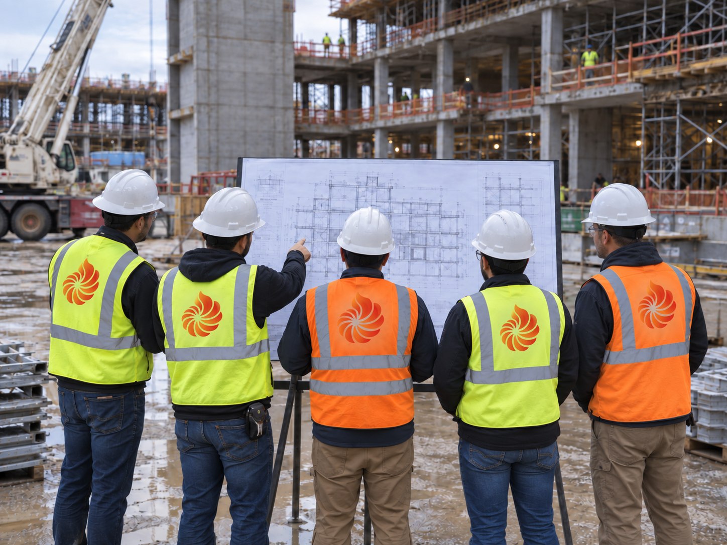 Site team reviewing project drawings